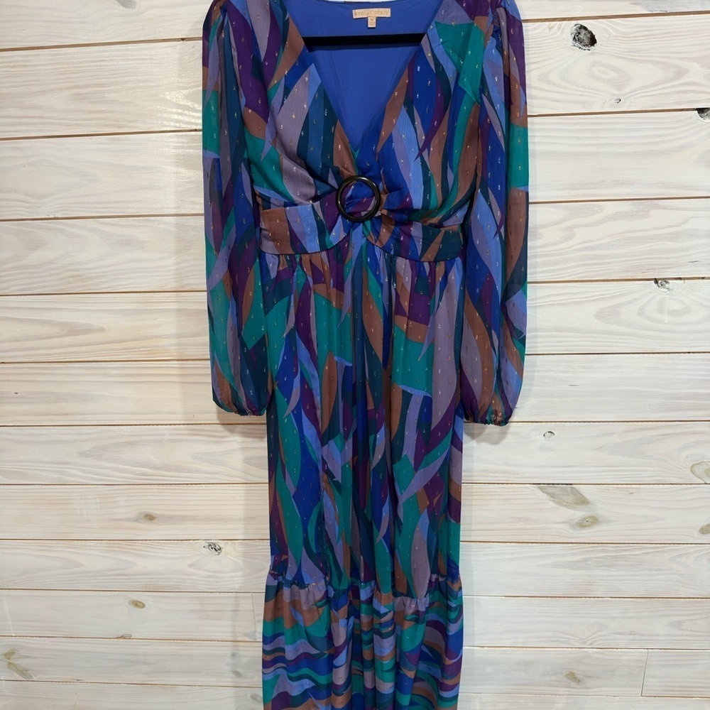Blue and Green Long Sleeve Sundress with V-Neck - Picture 3 of 8